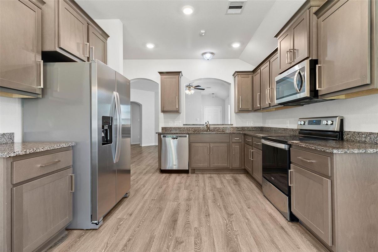 Interior, Kitchen, Recessed Lighting, Stainless Steel Appliances, Wood Texture Flooring