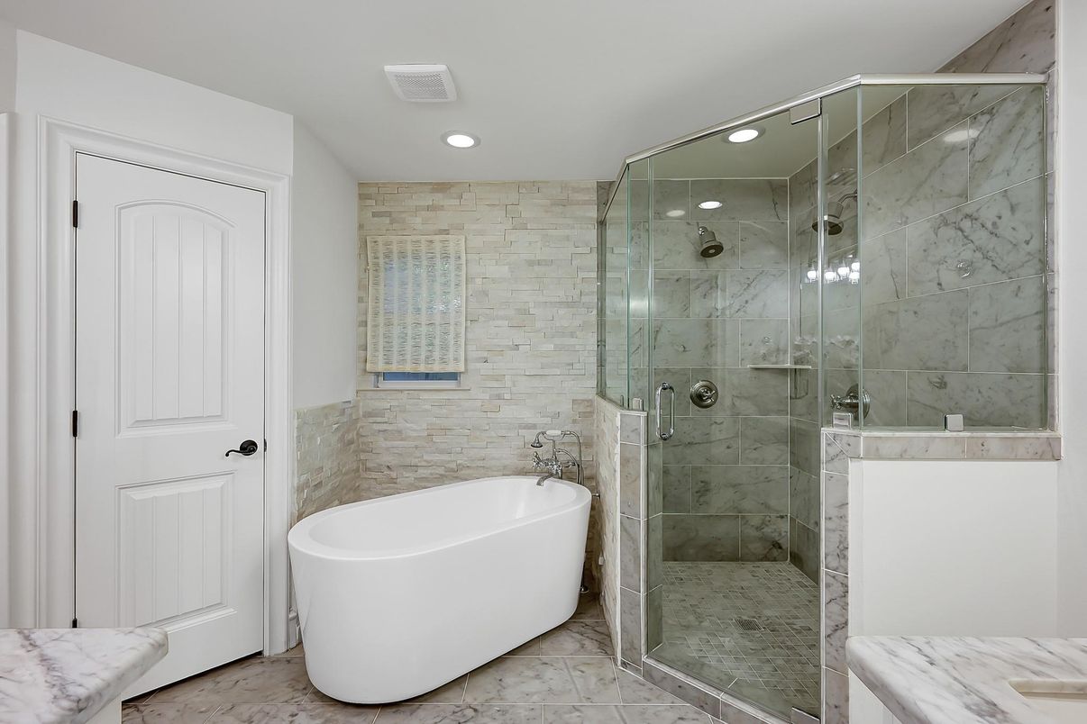Bathroom, Free Standing Baths, Glass Shower, Interior, Marble, Marble Walls, Recessed Lighting