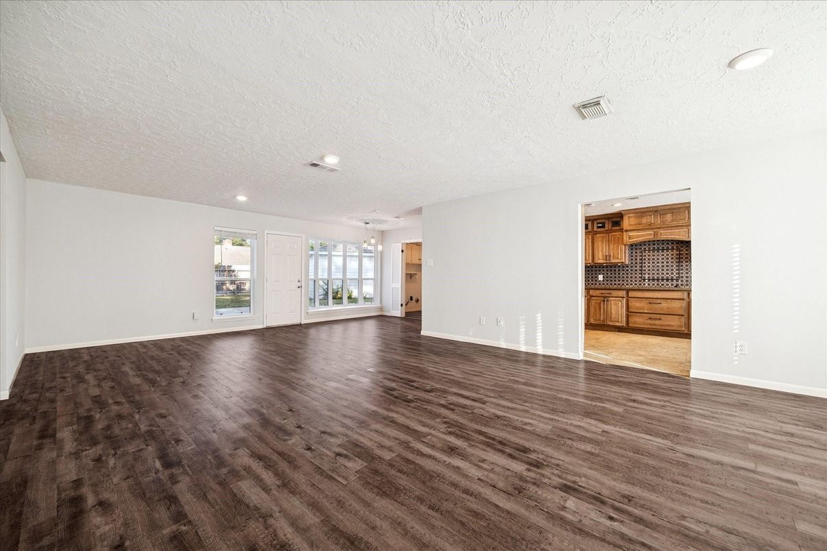 Empty room, Interior, Kitchen, Recessed Lighting, Wood Texture Flooring