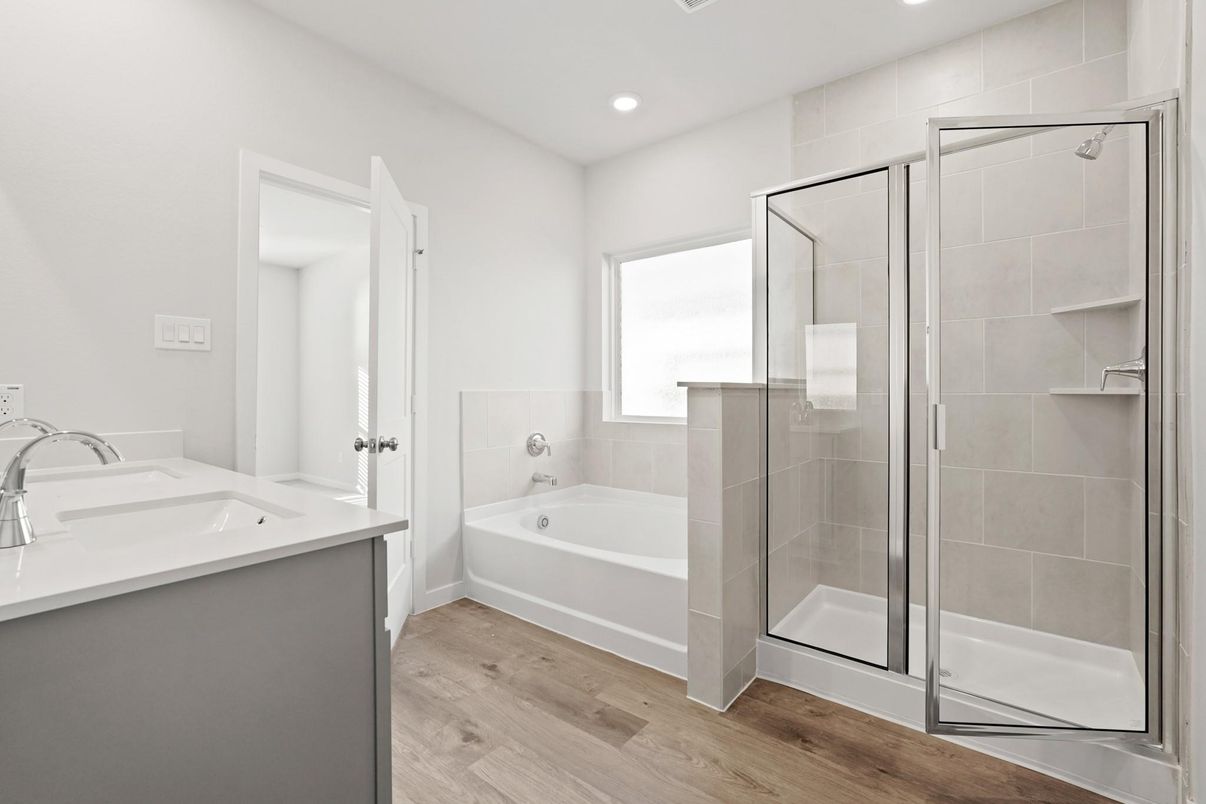 Bathroom, Glass Shower, Interior, Recessed Lighting, Wood Texture Flooring