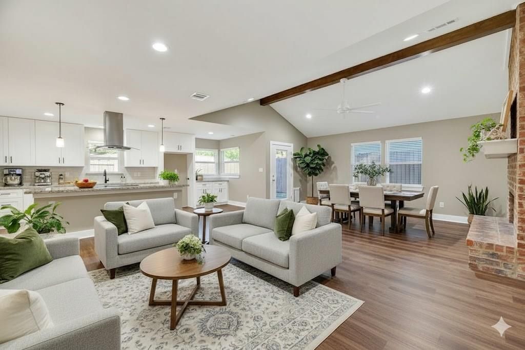 Dining room, Interior, Kitchen, Living room, Pendant Lights, Recessed Lighting, Stainless Steel Appliances, Wooden Beams, Wood Texture Flooring