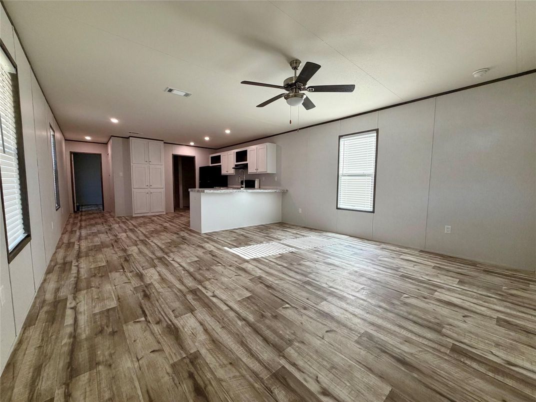 Empty room, Interior, Kitchen, Recessed Lighting, Wood Texture Flooring