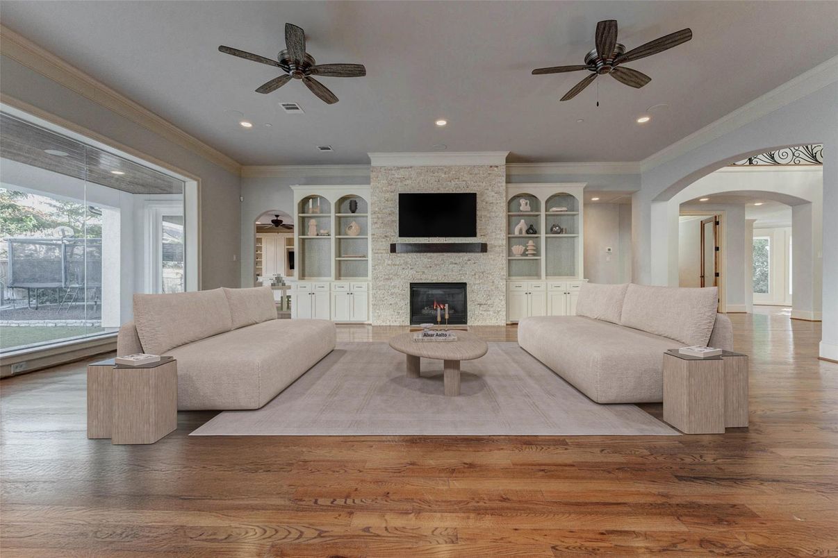 Fireplace, Interior, Living room, Recessed Lighting, Stone Walls, Wood Texture Flooring