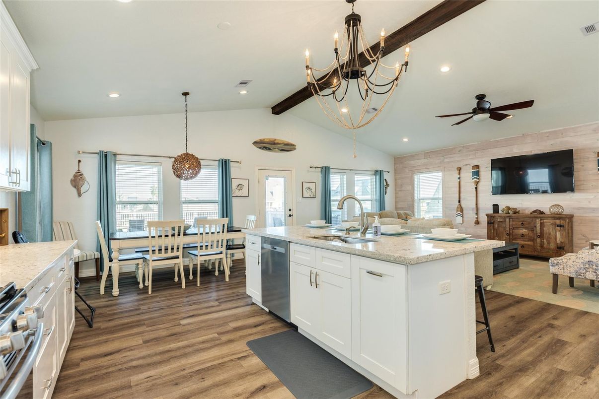 Chandelier, Dining room, Interior, Kitchen, Pendant Lights, Recessed Lighting, Stainless Steel Appliances, Wooden Beams, Wood Texture Flooring
