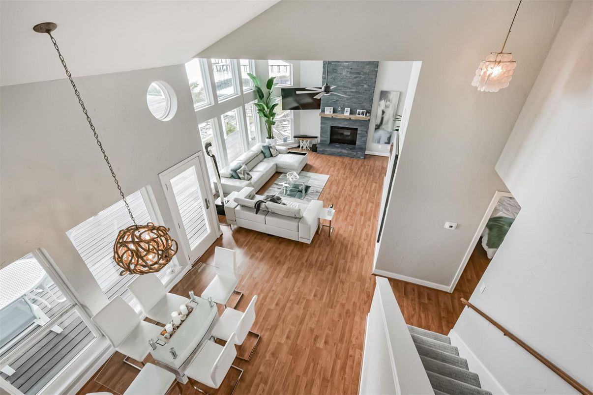 Fireplace, Interior, Living room, Pendant Lights, Wood Texture Flooring