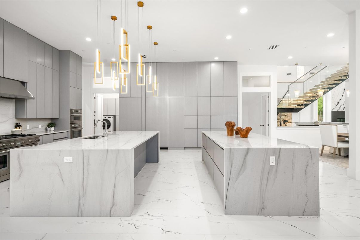 Interior, Kitchen, Marble, Pendant Lights, Recessed Lighting, Stainless Steel Appliances