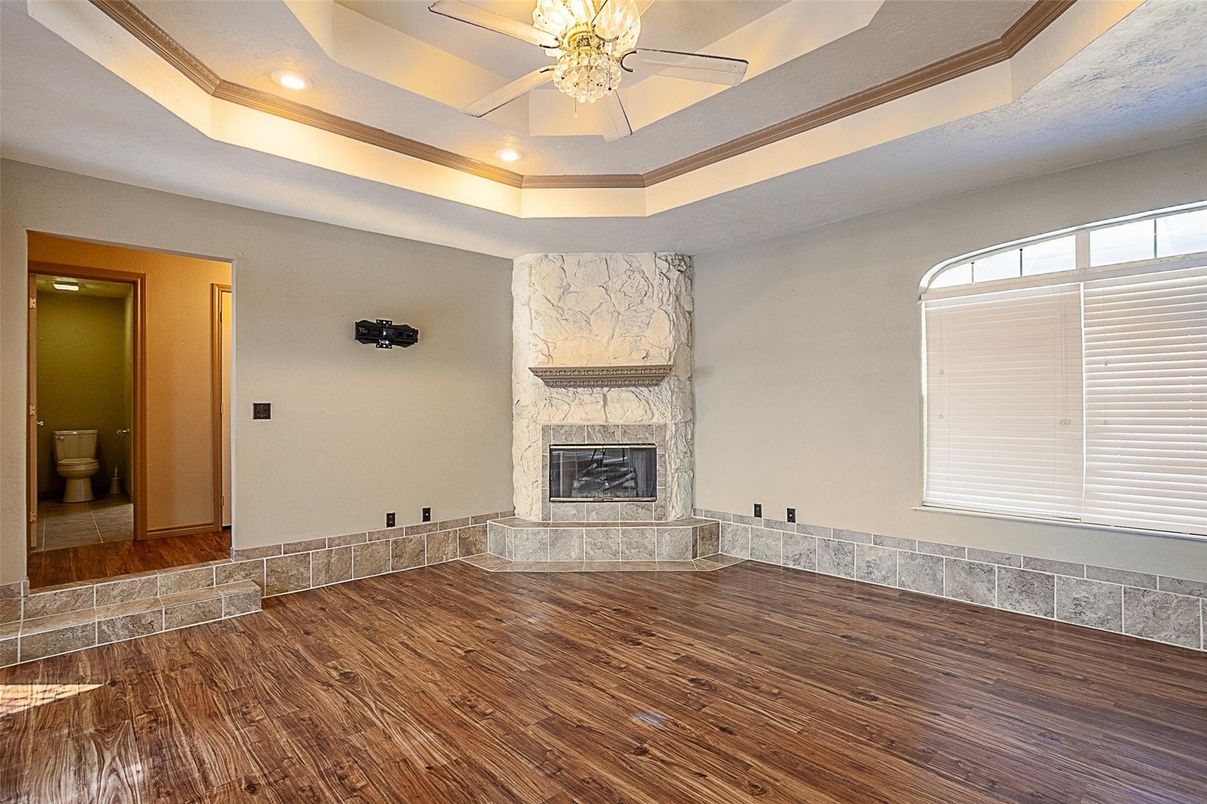 Empty room, Fireplace, Interior, Recessed Lighting, Wood Texture Flooring