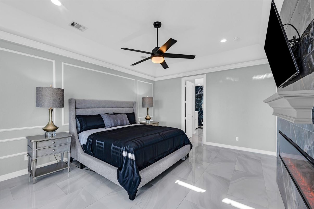 Bedroom, Fireplace, Interior, Marble, Recessed Lighting