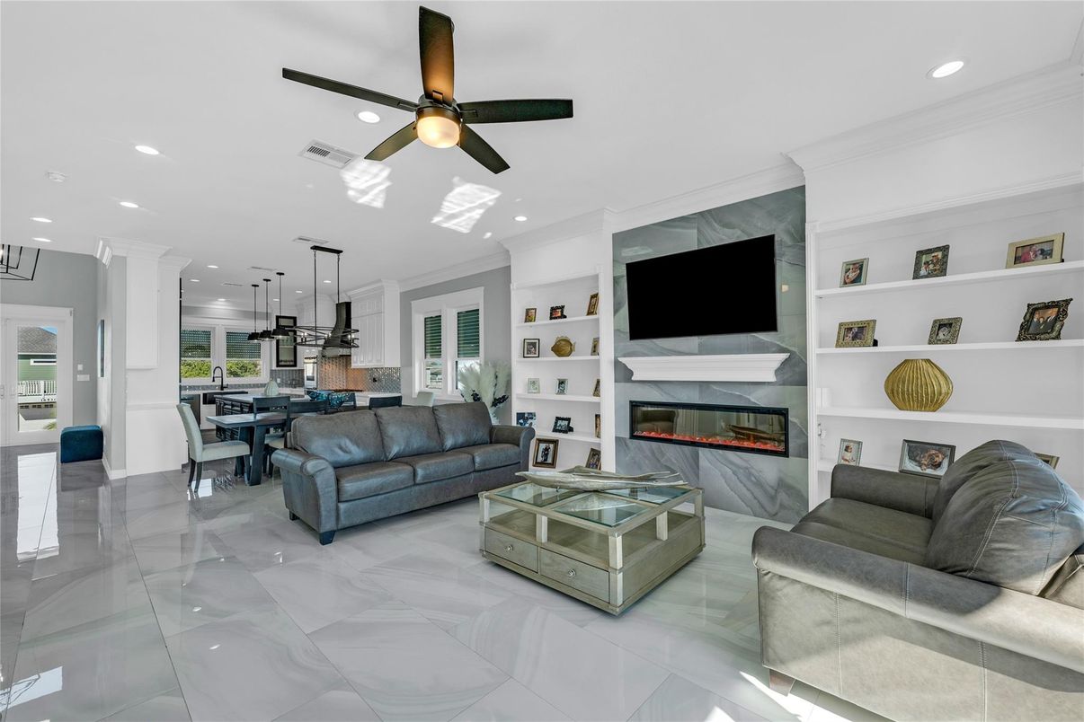 Dining room, Fireplace, Interior, Kitchen, Living room, Pendant Lights, Recessed Lighting