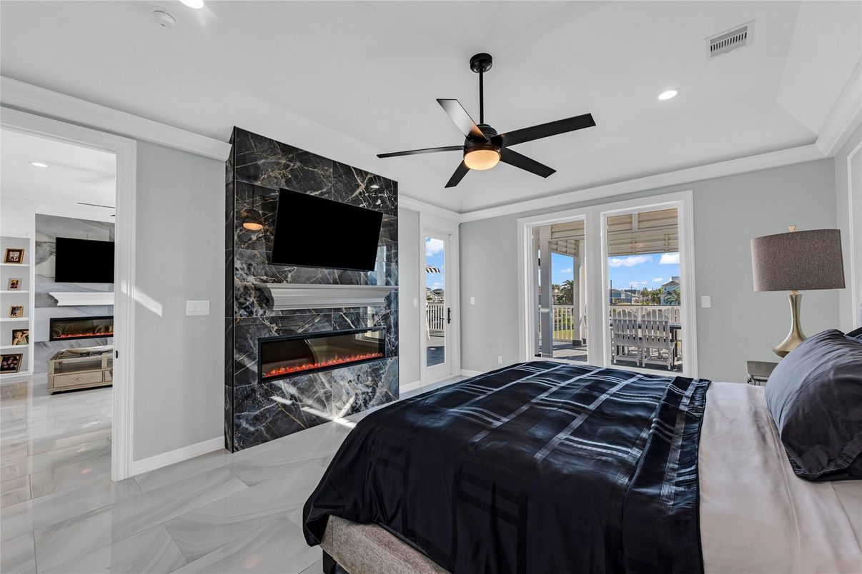 Bedroom, Fireplace, Interior, Marble, Recessed Lighting