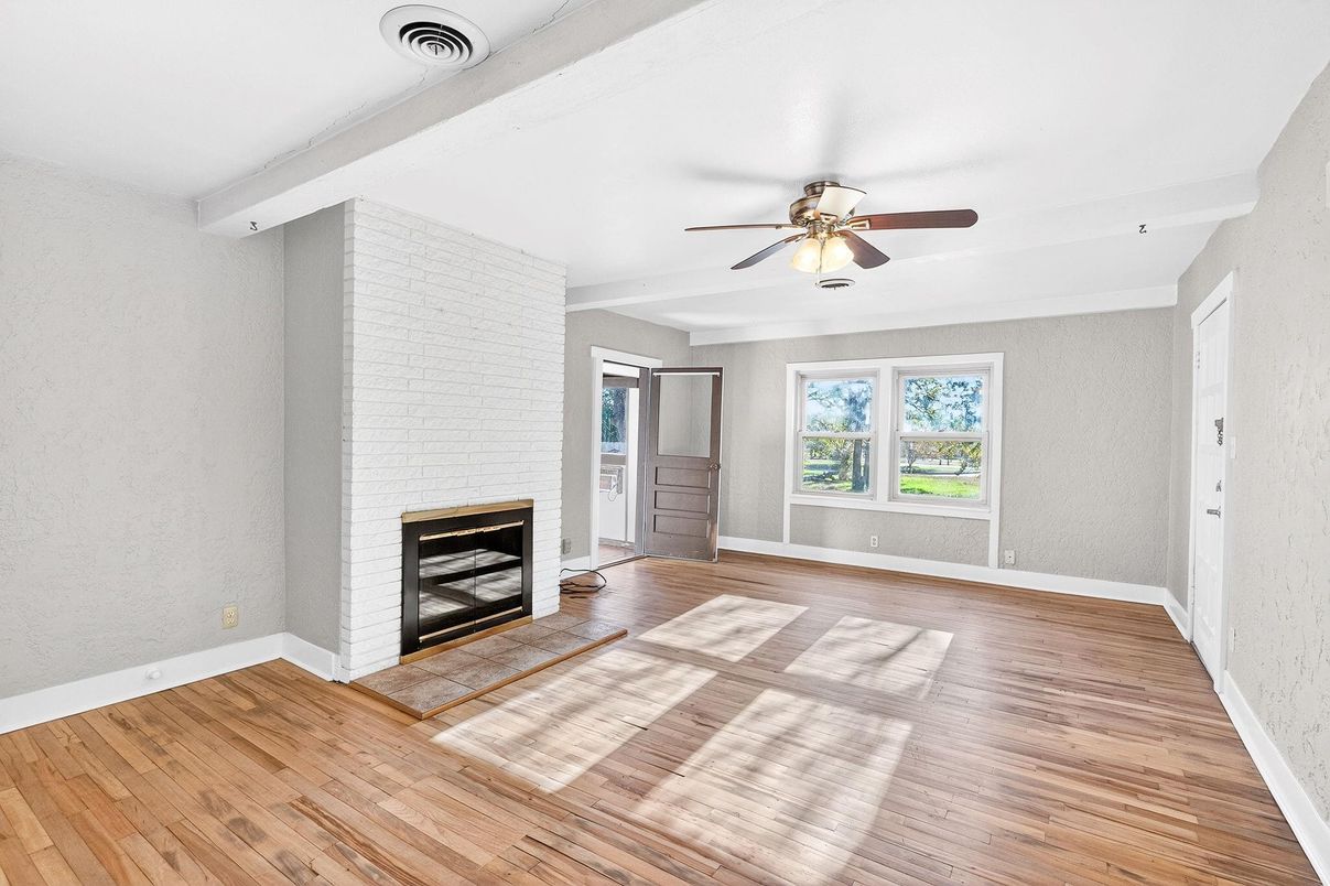 Empty room, Fireplace, Interior, Stone Walls, Wood Texture Flooring