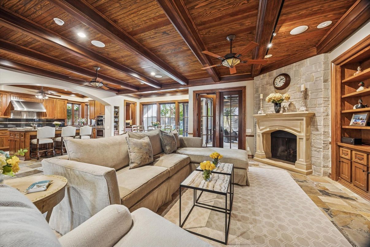 Fireplace, Interior, Kitchen, Living room, Recessed Lighting, Stone Walls, Wooden Beams, Wooden Ceilings