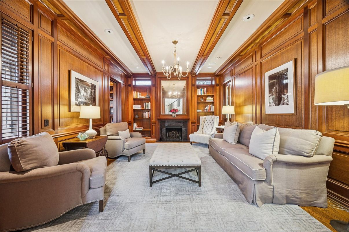 Chandelier, Fireplace, Interior, Living room, Recessed Lighting, Wooden Walls