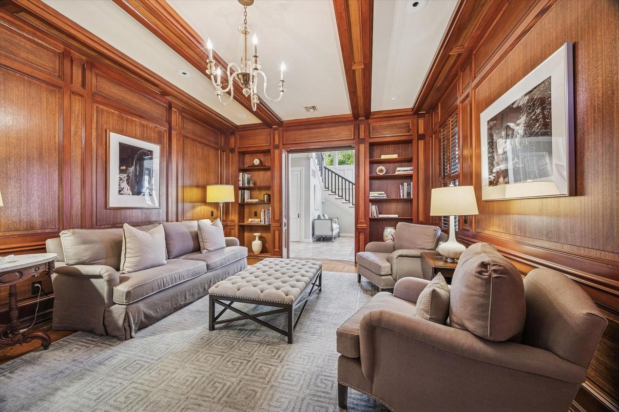 Chandelier, Interior, Living room, Recessed Lighting, Wooden Beams, Wooden Walls