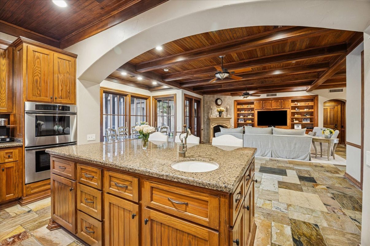 Interior, Kitchen, Living room, Recessed Lighting, Stainless Steel Appliances, Wooden Beams, Wooden Ceilings