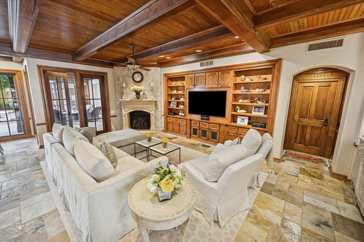 Fireplace, Interior, Living room, Recessed Lighting, Stone Walls, Wooden Beams, Wooden Ceilings