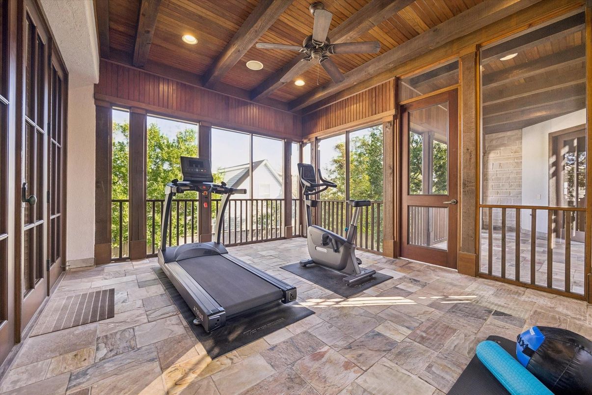 Fitness Equipment, Interior, Recessed Lighting, Sun Room, Wooden Beams, Wooden Ceilings