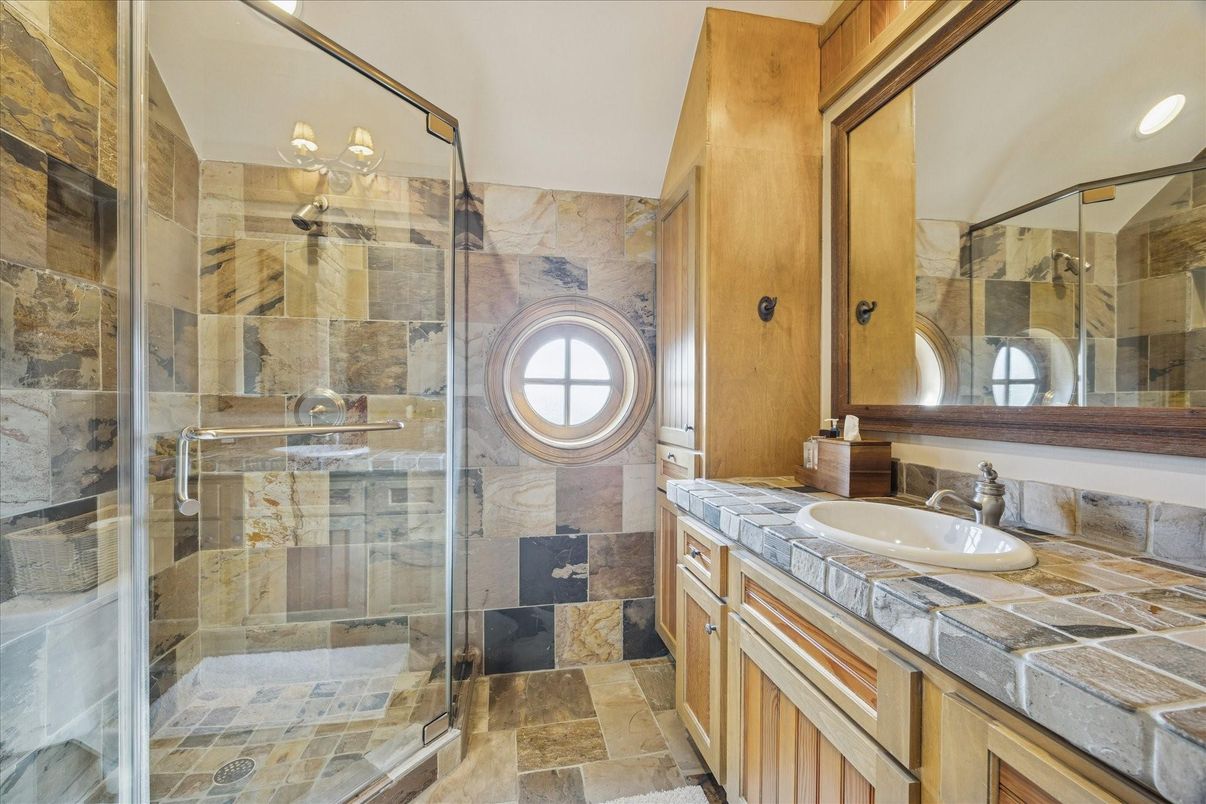 Bathroom, Glass Shower, Interior, Recessed Lighting, Tile Countertops
