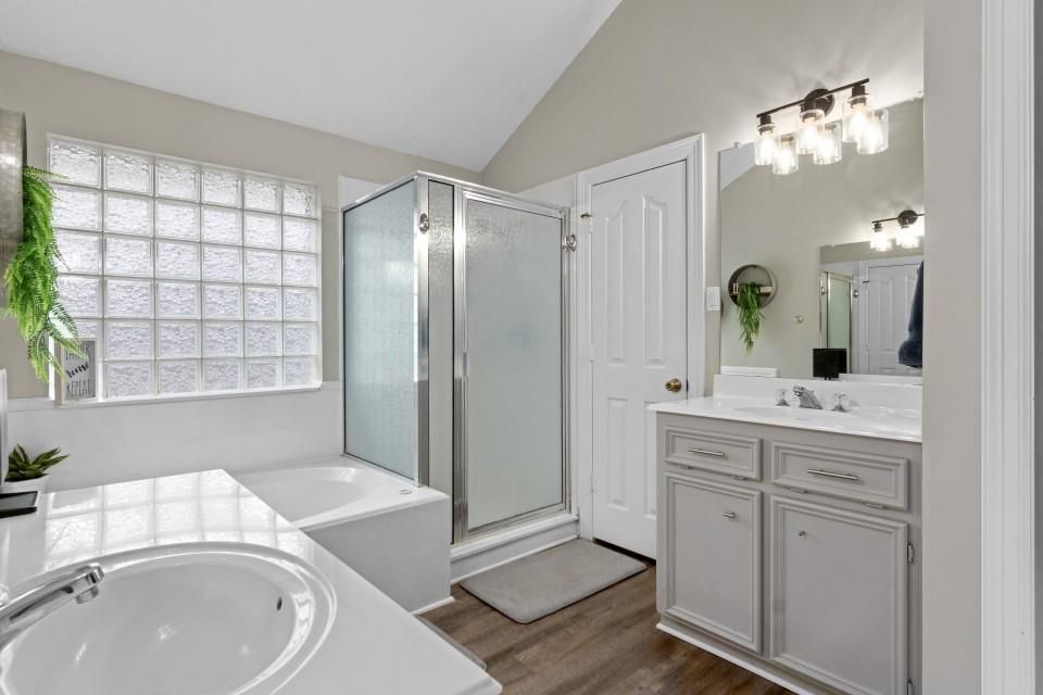 Bathroom, Glass Shower, Interior, Wood Texture Flooring