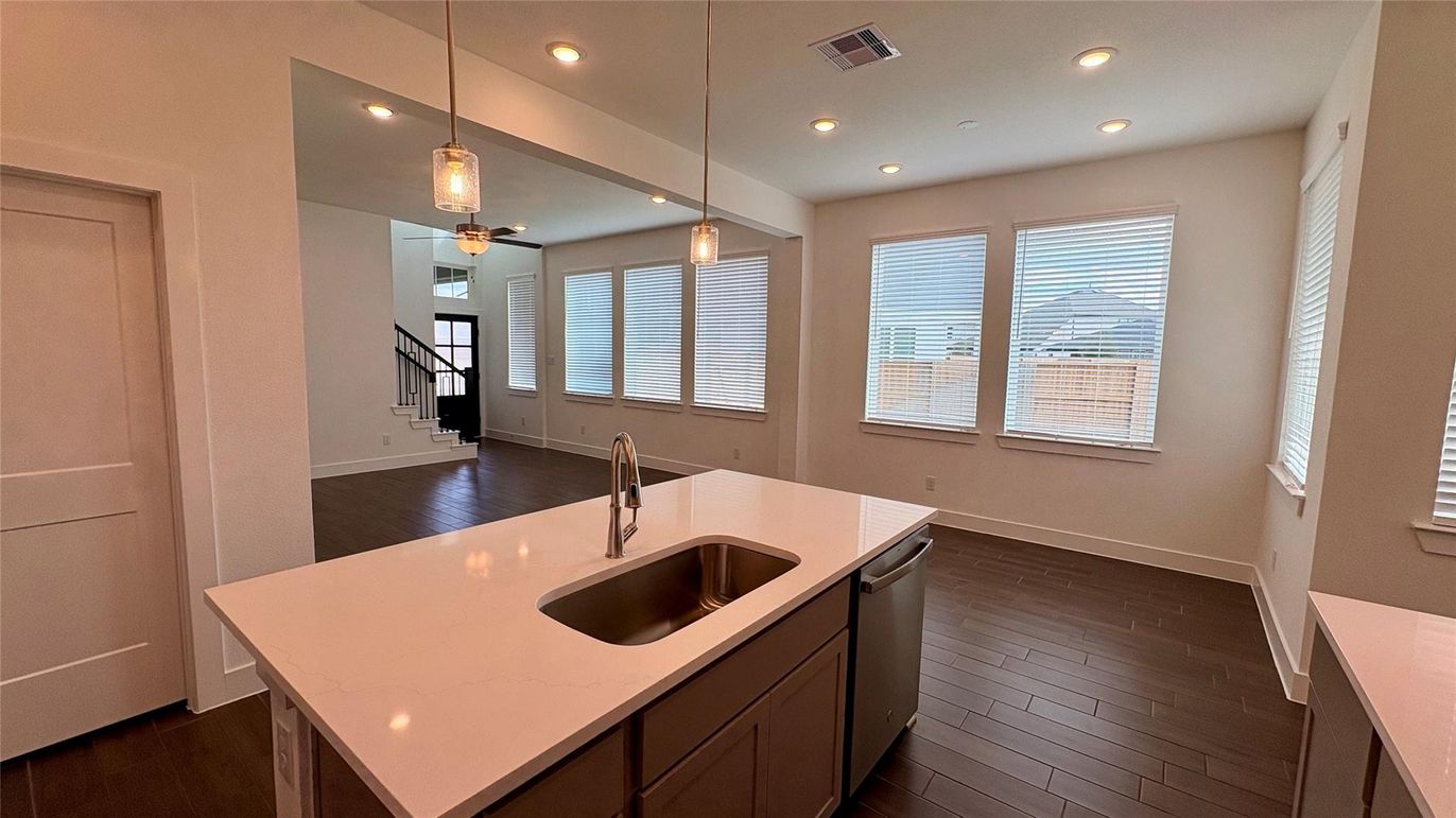 Interior, Kitchen, Pendant Lights, Recessed Lighting, Wood Texture Flooring