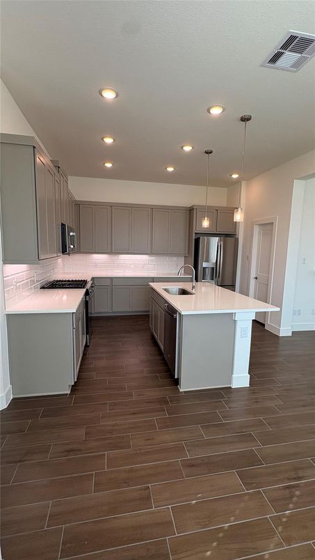 Interior, Kitchen, Pendant Lights, Recessed Lighting, Wood Texture Flooring