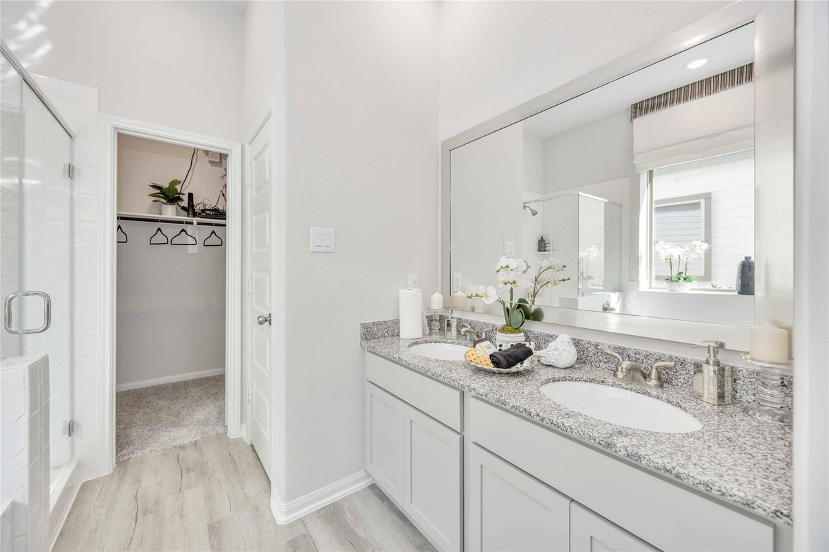 Bathroom, Dual Sink Vanities, Glass Shower, Interior, Recessed Lighting, Wood Texture Flooring