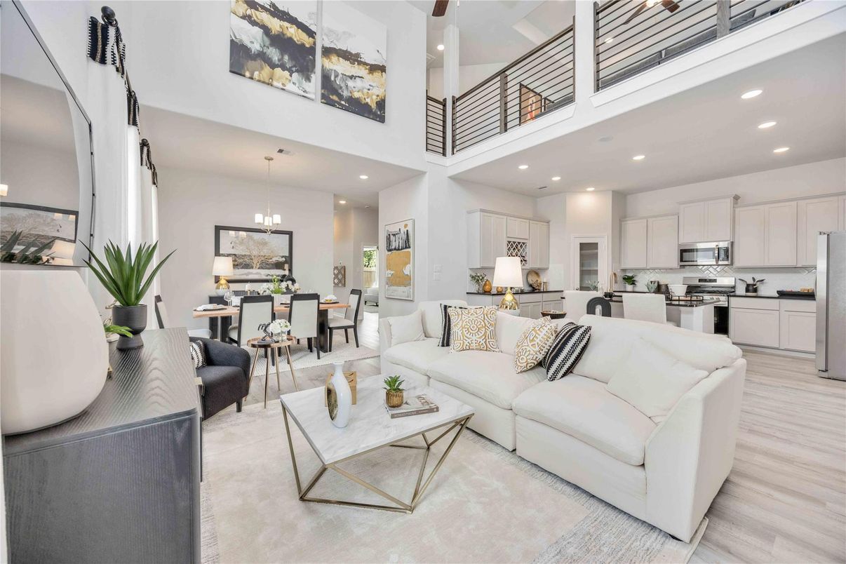 Dining room, Interior, Kitchen, Living room, Pendant Lights, Recessed Lighting, Stainless Steel Appliances, Wood Texture Flooring