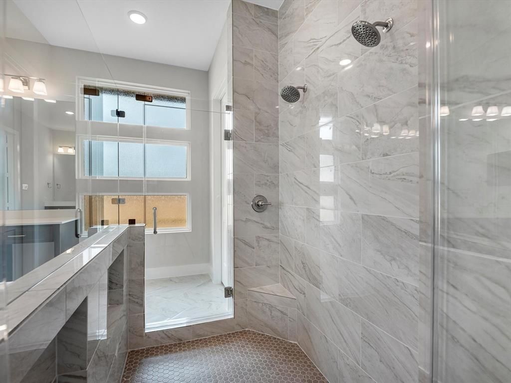 Bathroom, Glass Shower, Interior, Marble Walls, Recessed Lighting