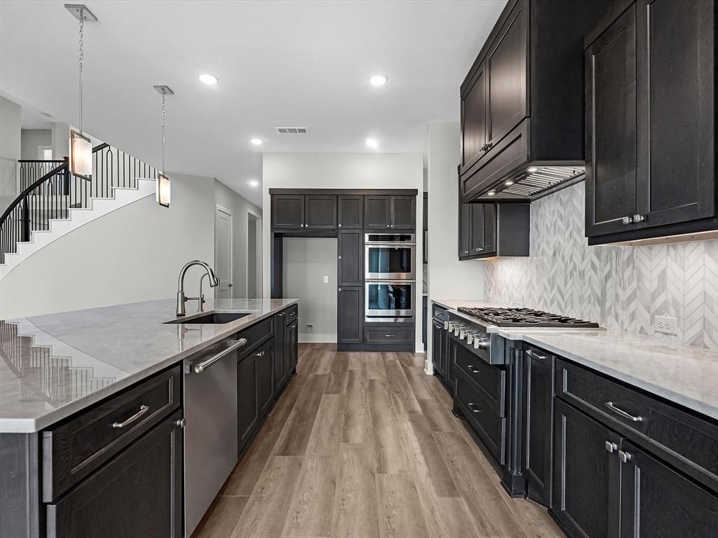 Interior, Kitchen, Pendant Lights, Recessed Lighting, Stainless Steel Appliances, Wood Texture Flooring