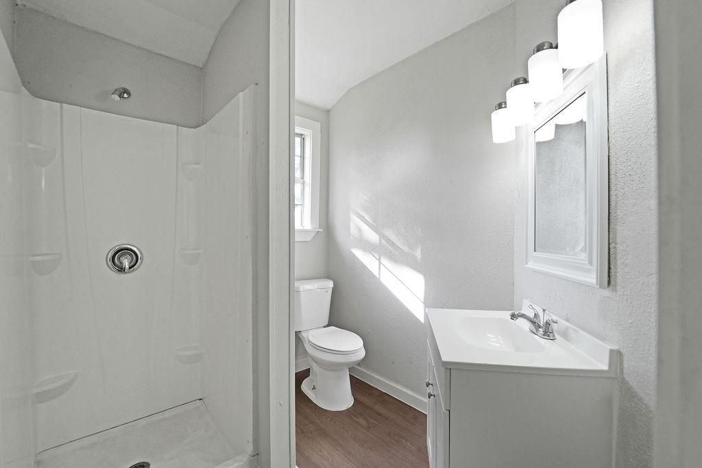 Bathroom, Glass Shower, Interior, Wood Texture Flooring