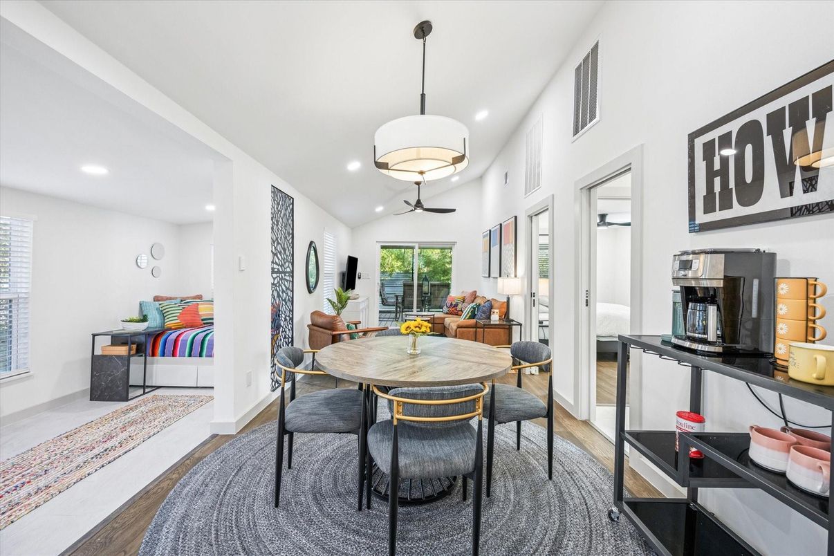 Dining room, Interior, Pendant Lights, Recessed Lighting, Wood Texture Flooring