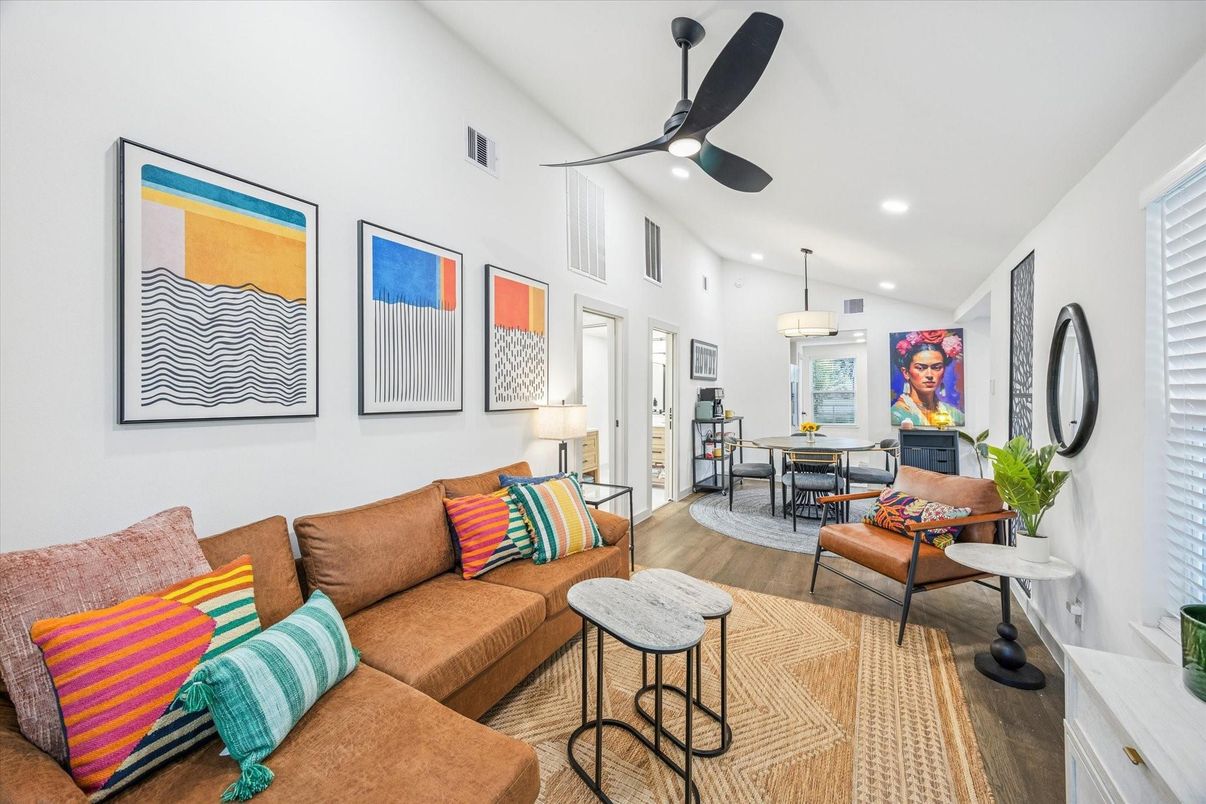 Dining room, Interior, Living room, Pendant Lights, Recessed Lighting, Wood Texture Flooring