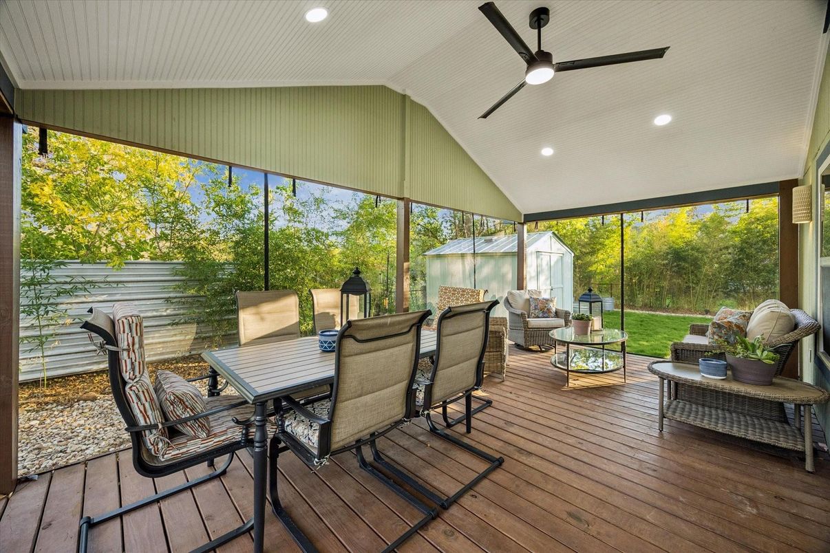 Exterior, Interior, Recessed Lighting, Sun Room, Wood Texture Flooring