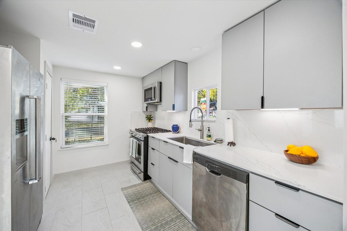 Interior, Kitchen, Marble, Recessed Lighting, Stainless Steel Appliances