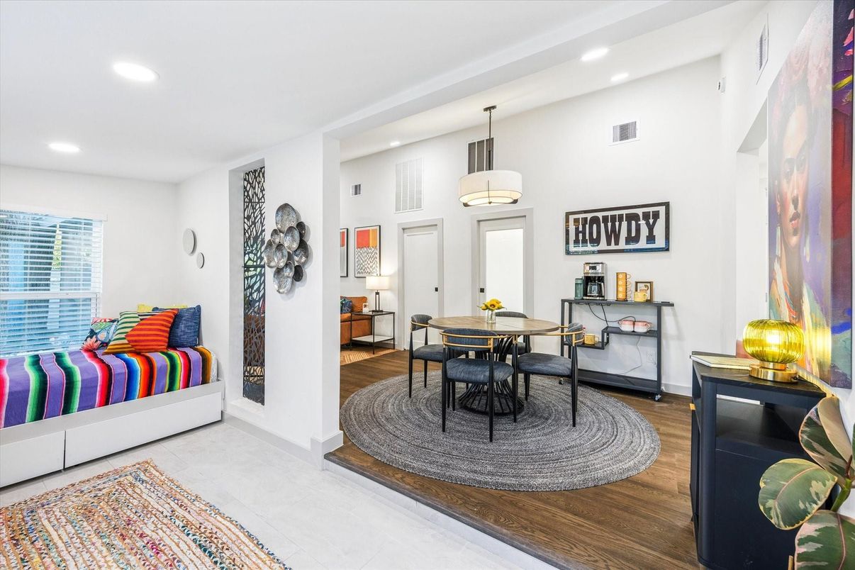 Dining room, Interior, Pendant Lights, Recessed Lighting, Wood Texture Flooring