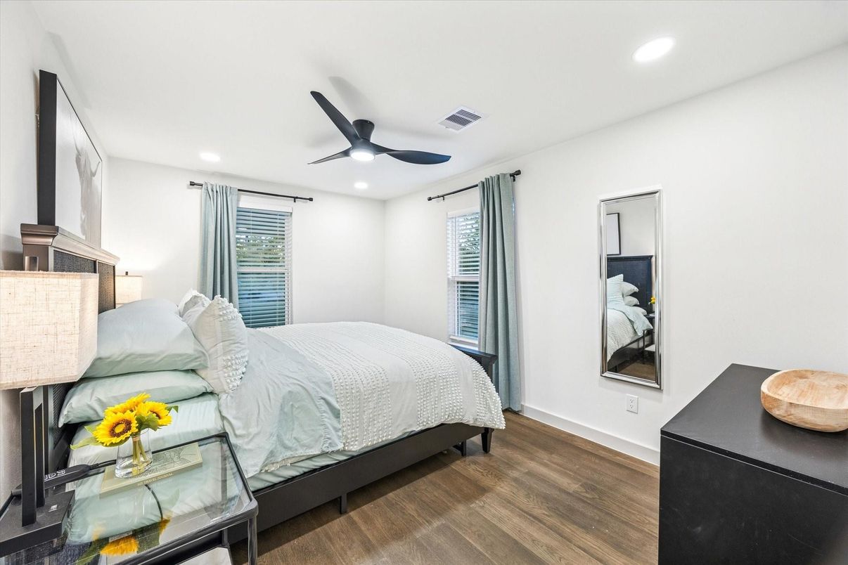 Bedroom, Interior, Recessed Lighting, Wood Texture Flooring