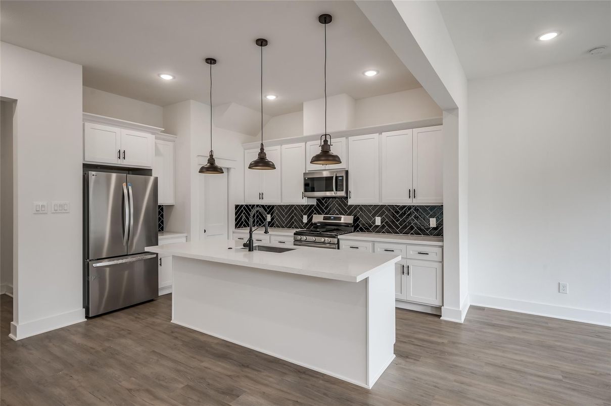 Interior, Kitchen, Pendant Lights, Recessed Lighting, Stainless Steel Appliances, Wood Texture Flooring