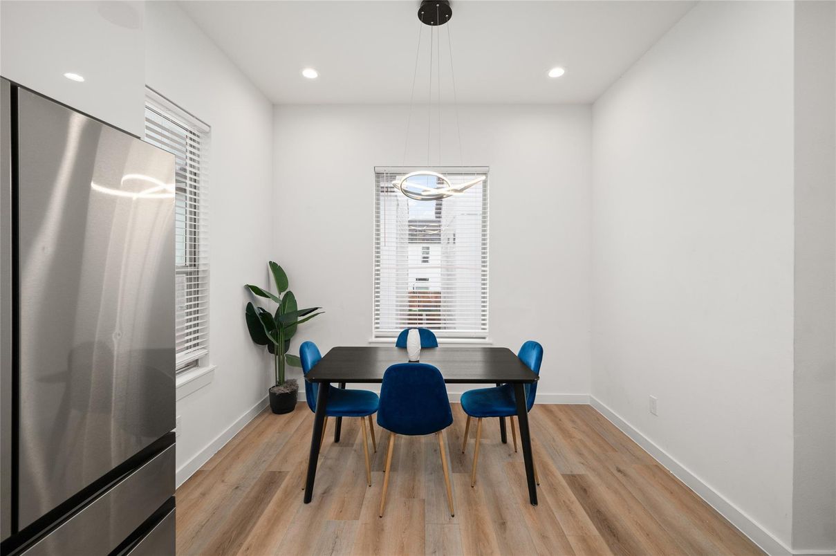 Dining room, Interior, Pendant Lights, Recessed Lighting, Wood Texture Flooring