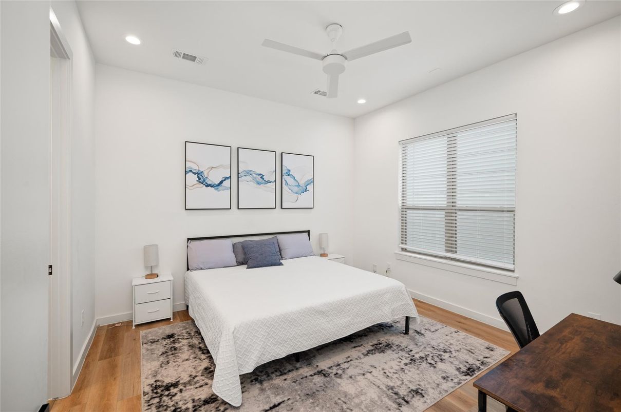 Bedroom, Interior, Recessed Lighting, Wood Texture Flooring