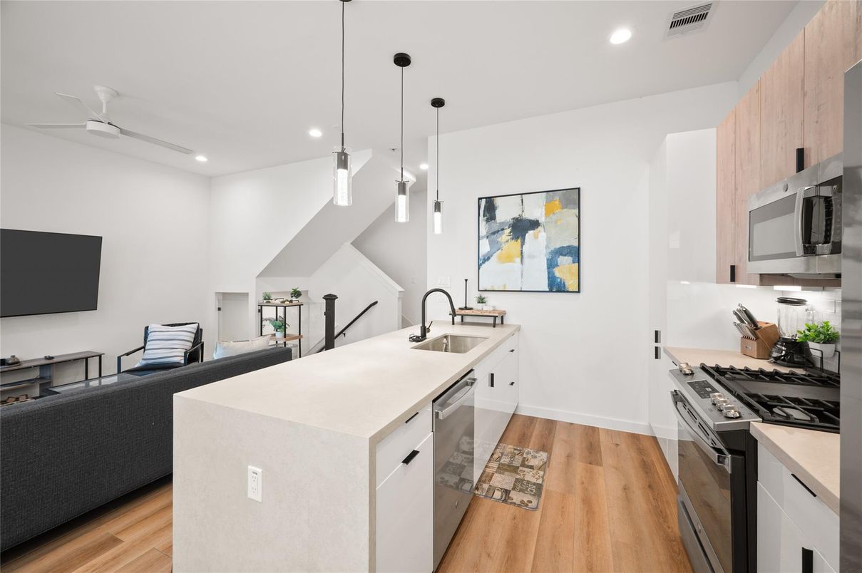 Interior, Kitchen, Pendant Lights, Recessed Lighting, Stainless Steel Appliances, Wood Texture Flooring