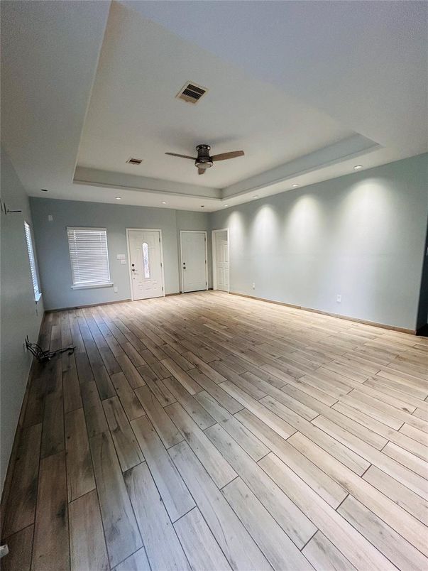 Empty room, Interior, Recessed Lighting, Wood Texture Flooring