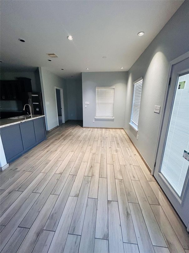 Empty room, Interior, Kitchen, Recessed Lighting, Wood Texture Flooring