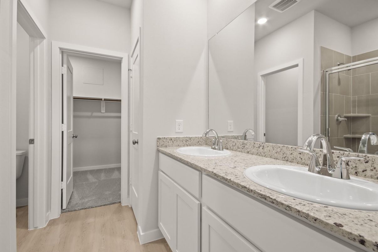 Bathroom, Dual Sink Vanities, Interior, Recessed Lighting, Wood Texture Flooring