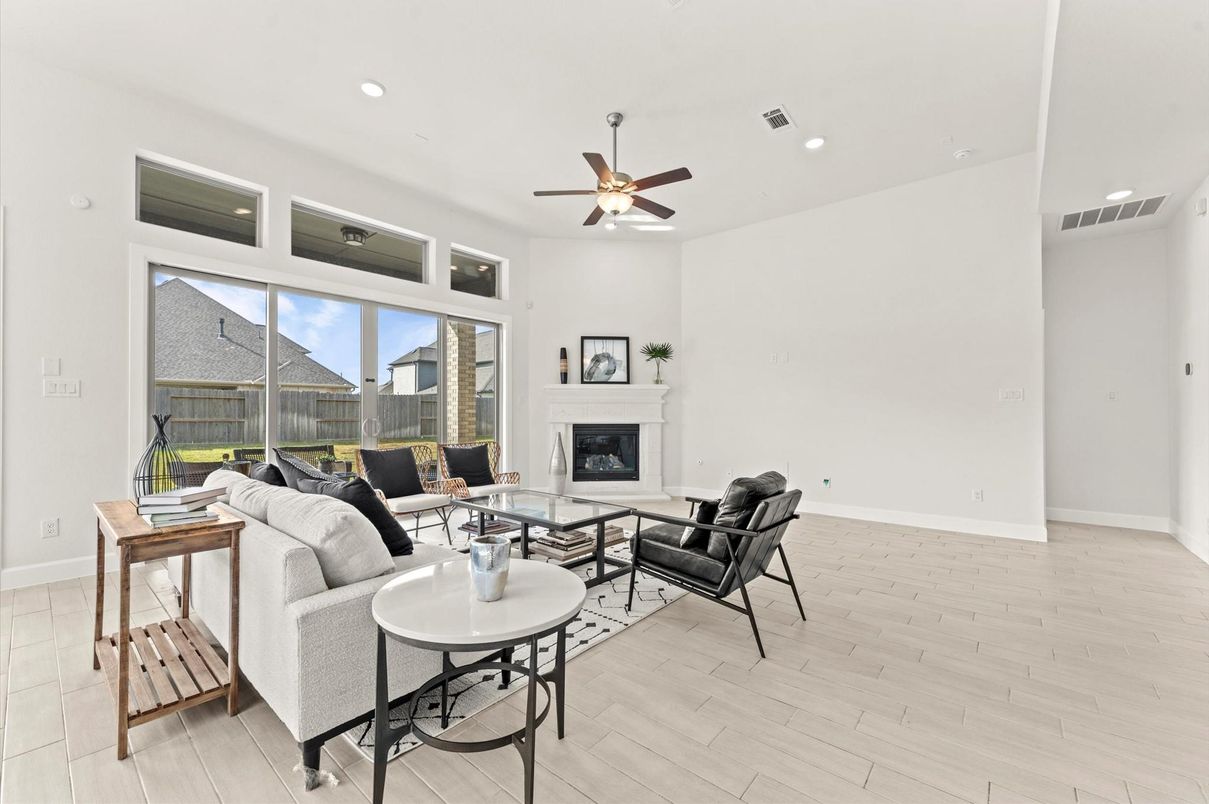 Fireplace, Interior, Living room, Recessed Lighting, Wood Texture Flooring