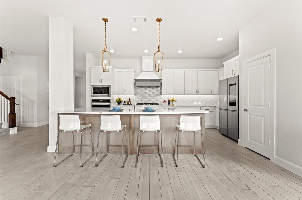 Interior, Kitchen, Pendant Lights, Recessed Lighting, Stainless Steel Appliances, Wood Texture Flooring