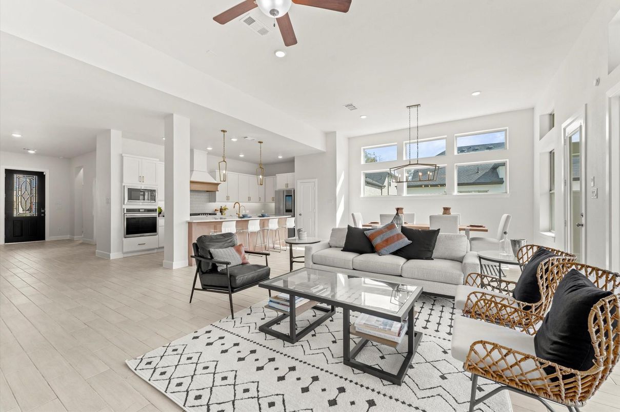 Dining room, Interior, Kitchen, Living room, Pendant Lights, Recessed Lighting, Stainless Steel Appliances, Wood Texture Flooring