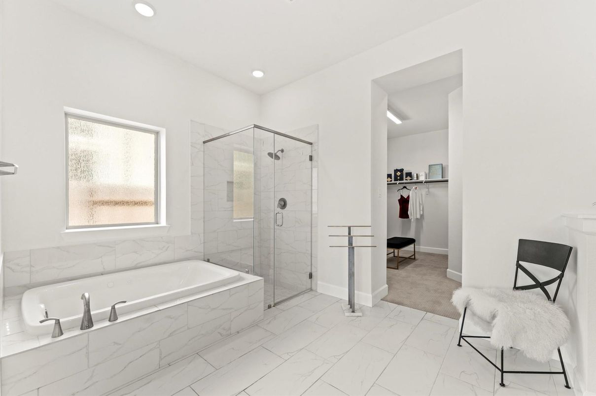 Bathroom, Glass Shower, Interior, Marble, Marble Walls, Recessed Lighting