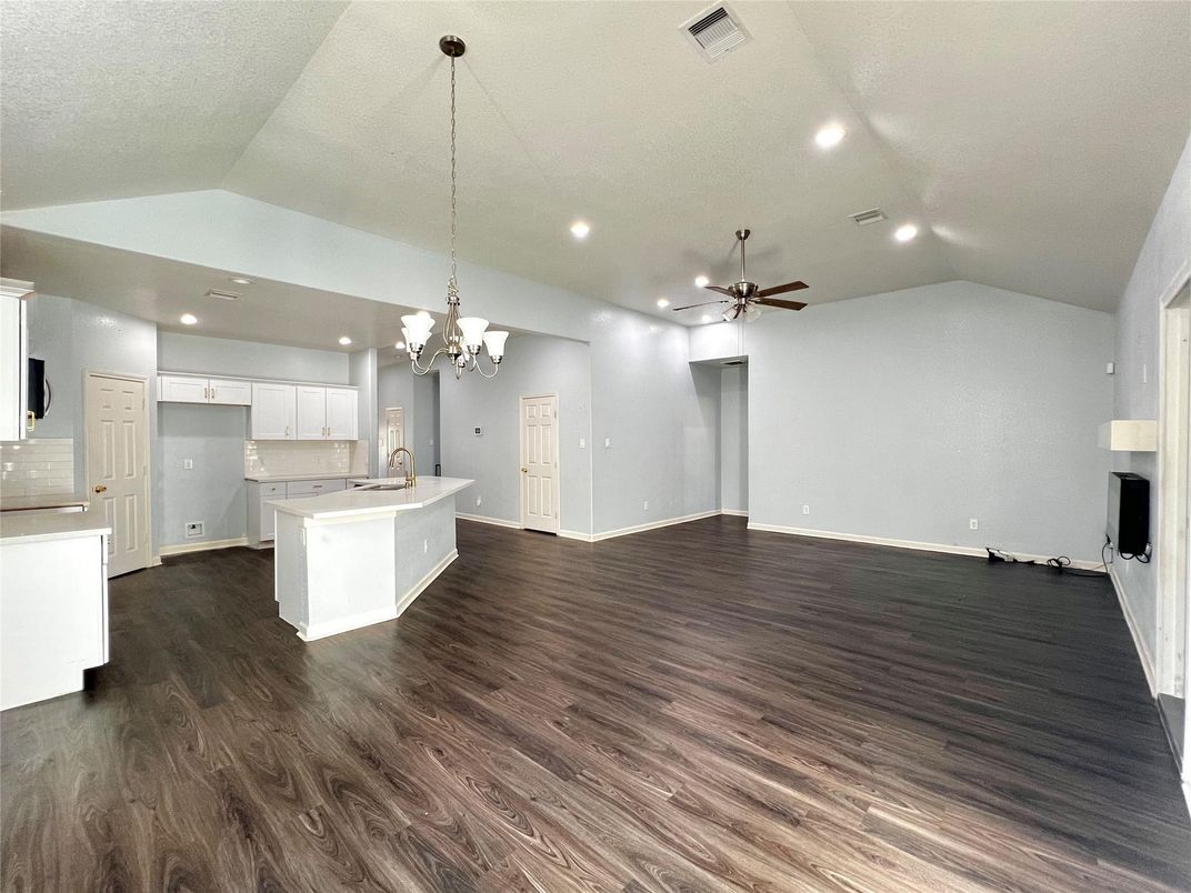 Chandelier, Empty room, Interior, Kitchen, Pendant Lights, Recessed Lighting, Wood Texture Flooring