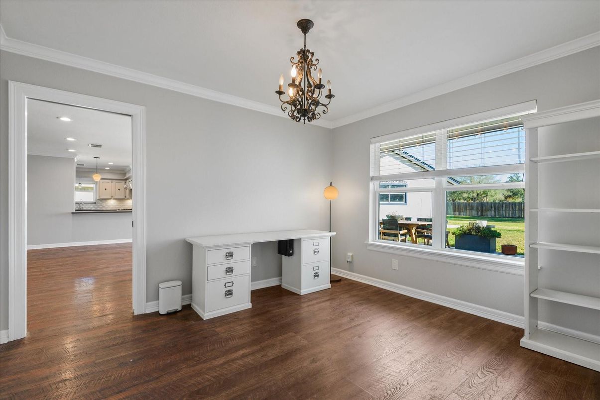 Chandelier, Empty room, Interior, Recessed Lighting, Wood Texture Flooring
