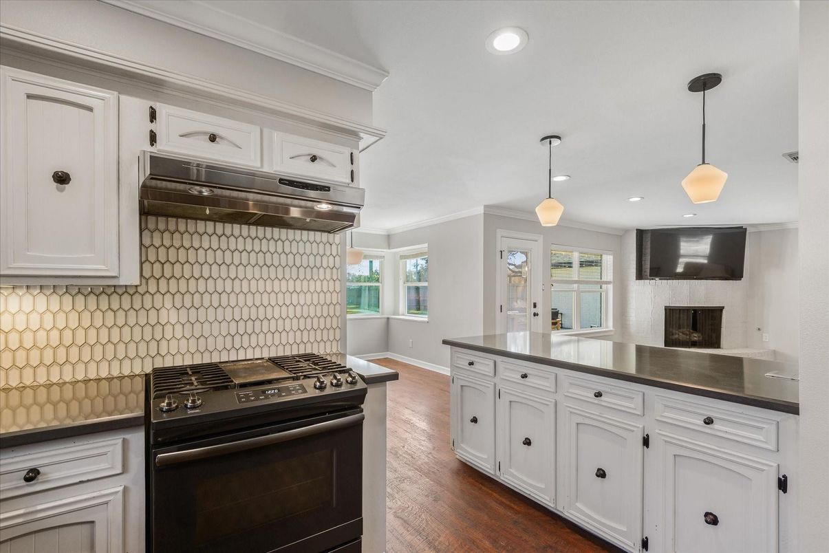 Interior, Kitchen, Pendant Lights, Recessed Lighting, Stainless Steel Appliances, Wood Texture Flooring